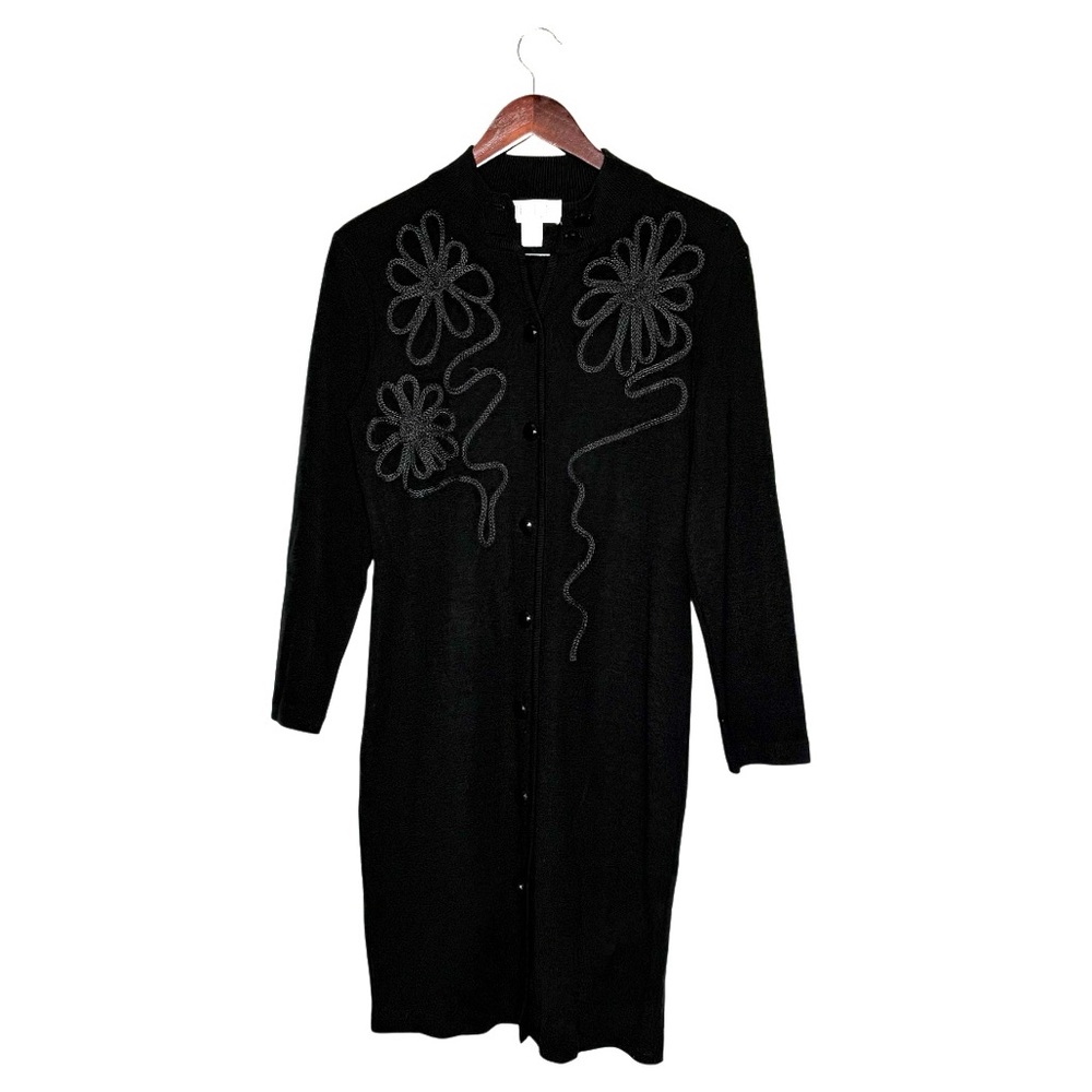 Petite Sophisticate Black Long Button-Front Cardigan, Embroidered Floral Size S‎